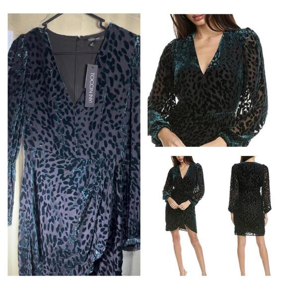 Toccin Dresses & Skirts - NWT Toccin NY $595 Doris Draped Mini Women's Size 8 Dress Leopard Print Teal